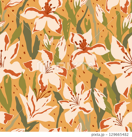 Hand drawn lily floral seamless pattern on yellow background. Vector botanical garden design, fall bouquet print 129665482