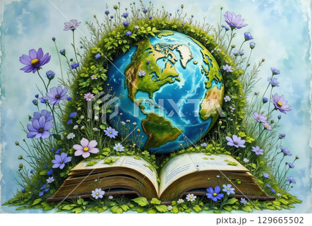 open book, planet earth in unity with nature 129665502