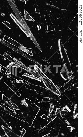 Dirty Glass Broken into a Large Number of Pieces and Parts, a Piece of Glass with a lot of Cracks and Broken Parts. Isolated on Black Background. 129665623