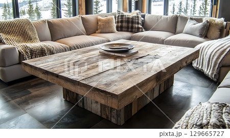 Large wooden coffee table sits in the middle of a living room with a couch 129665727