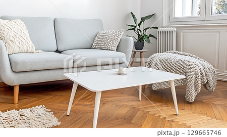 Living room with a white coffee table and a plant on it 129665746