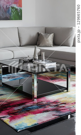 Colorful rug is on the floor in front of a couch 129665760