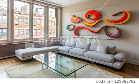 Living room with a large abstract painting on the wall 129665762