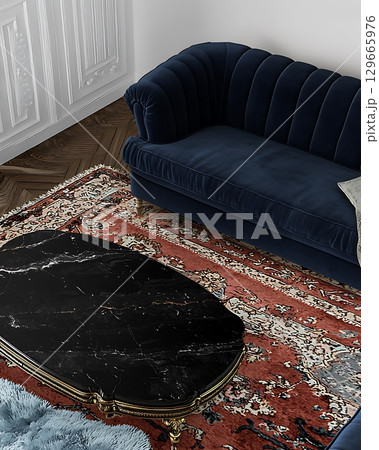 A black coffee table sits in front of a blue couch 129665976