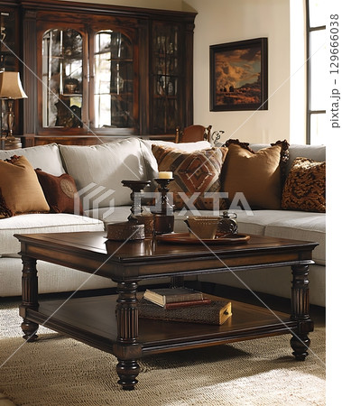 A brown couch is in a living room with a brown coffee table in front of it 129666038
