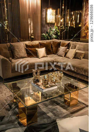 A living room with a couch, coffee table, and a potted plant 129666086