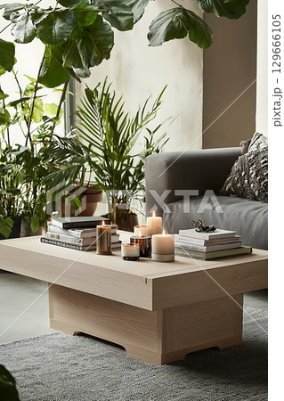 A wooden coffee table with candles and books on it 129666105
