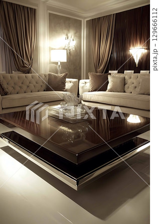 A living room with a large glass coffee table in the center 129666112