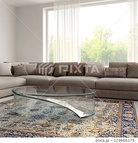 A living room with a glass coffee table and a large couch 129666178
