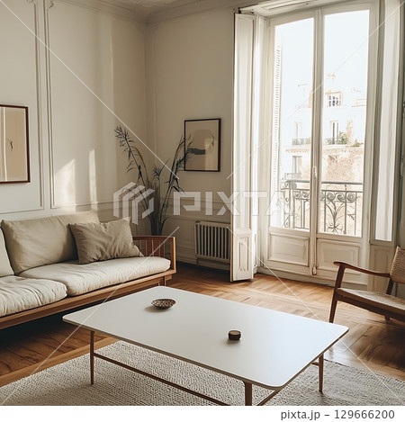 A living room with a white couch, a coffee table, and a chair 129666200