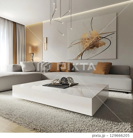 A white living room with a white coffee table and a white couch 129666205