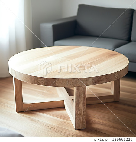 A wooden coffee table with a cross design sits in front of a gray couch 129666229