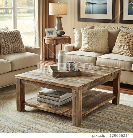 A living room with a wooden coffee table and a couch 129666234