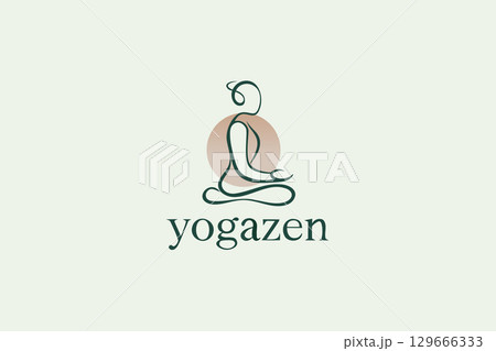 Minimalist yoga zen logo with meditating figure inside circle, clean spiritual symbol for wellness brands 129666333