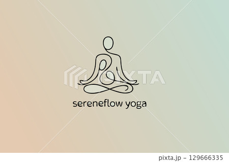 Sereneflow yoga minimalist line art logo, continuous single stroke of meditating figure in lotus position 129666335