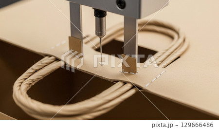 Close-up view of an automated machine attaching eco friendly handles to paper bags. This efficient process highlights modern manufacturing techniques for sustainable products. 129666486
