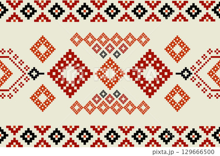 Bold ethnic geometric pixel art border rich color palette of red,black,cream. seamless pattern ethnic oriental traditional. Aztec style illustration design for carpet,clothing, wrapping,batik Bold ethnic geometric pixel art border rich color palette of red,black,cream. seamless pattern ethnic oriental traditional. Aztec style illustration design for carpet,clothing, wrapping,batik 129666500