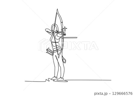 One line drawing of beauty woman archer holding a bow and arrow, preparing to shoot. Female athlete in focus and concentration at archery competition. Continuous line draw design vector illustration 129666576