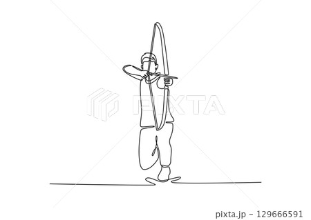 Continuous line drawing a man is at full draw with a recurve bow and arrow. Capturing the poised moment before the arrow is released in the sport. Single line draw design vector graphic illustration 129666591