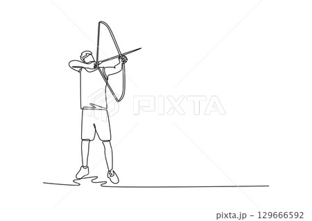 Single line drawing focused male archer is captured aiming traditional recurve bow. Symbolizing precision, sport, and the spirit of competition. Continuous line draw design graphic vector illustration Single line drawing focused male archer is captured aiming traditional recurve bow. Symbolizing precision, sport, and the spirit of competition. Continuous line draw design graphic vector illustration 129666592