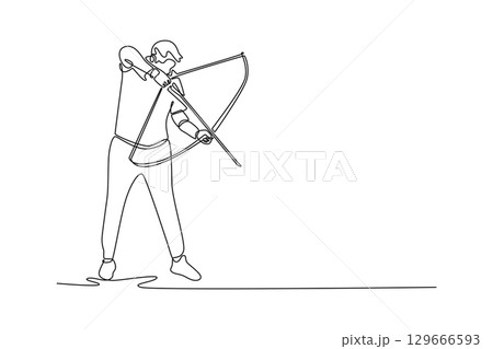 One line drawing of male archer drawing his bow and aiming an arrow, depicting the intense focus, precision, and elegant action of the sport of archery and its discipline. Design vector illustration One line drawing of male archer drawing his bow and aiming an arrow, depicting the intense focus, precision, and elegant action of the sport of archery and its discipline. Design vector illustration 129666593
