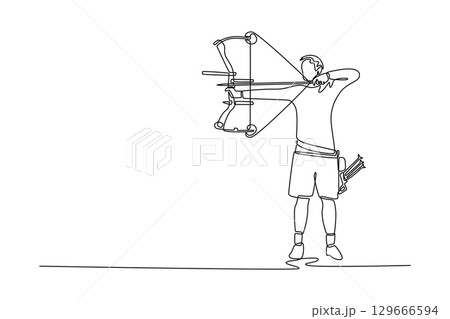One line drawing side view of male archer aims his compound bow and arrow, capturing the intense concentration and skill required for the sport. Continuous line draw design graphic vector illustration One line drawing side view of male archer aims his compound bow and arrow, capturing the intense concentration and skill required for the sport. Continuous line draw design graphic vector illustration 129666594