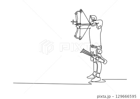 Single line drawing of sporty man archer drawing his bow and aiming arrow, depicting the intense focus and precision. Male archery athlete training for tournament. Graphic design vector illustration Single line drawing of sporty man archer drawing his bow and aiming arrow, depicting the intense focus and precision. Male archery athlete training for tournament. Graphic design vector illustration 129666595