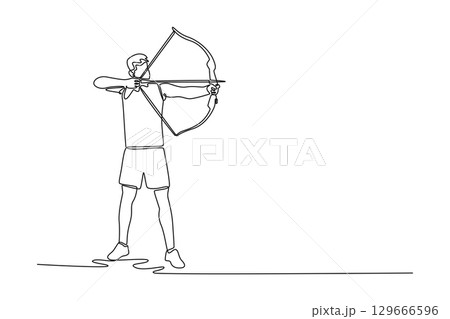 Continuous line drawing young man aiming with a bow and arrow. Representing the sport of archery, focus, precision, and skill. Concentration and physical form required for archery. Vector illustration Continuous line drawing young man aiming with a bow and arrow. Representing the sport of archery, focus, precision, and skill. Concentration and physical form required for archery. Vector illustration 129666596