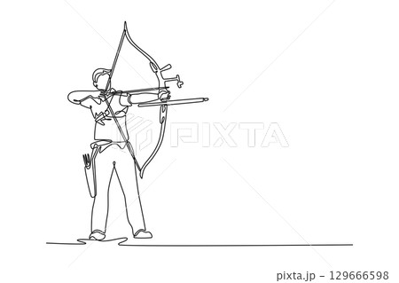 Continuous line drawing side view of male archer with archery gear drawing his bow and aiming arrow in stadium. Sportsman exercise focus, precision for national competition. Design vector illustration 129666598