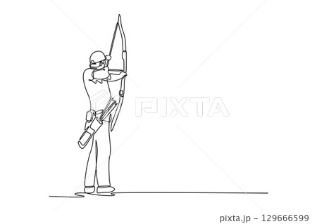 One line drawing back view of young man practicing archery. He is focused, holding bow and arrow, ready to shoot. Sports, workout, competition. continuous line draw design graphic vector illustration 129666599