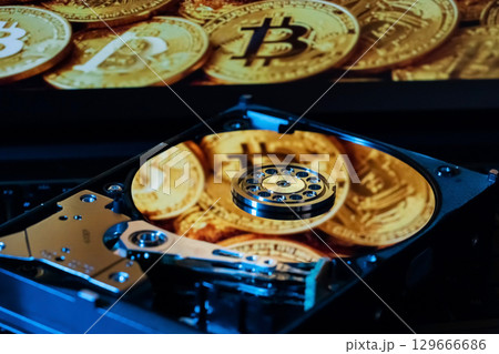 An open hard drive with reflections of gold Bitcoin coins on its surface An open hard drive with reflections of gold Bitcoin coins on its surface 129666686