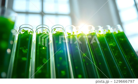 Green test tubes filled with liquid laboratory setting scientific research sunlight 129666797