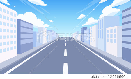 ビル街の中の道路の風景イラスト_青_16:9 ビル街の中の道路の風景イラスト_青_16:9 129666964