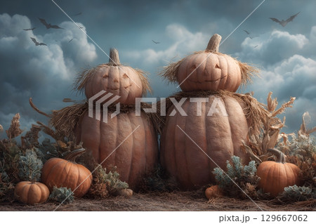 Two happy Halloween pumpkin figures stand in a festive autumn field under a cloudy night sky with flying bats. 129667062