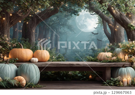 Halloween night in an enchanted forest with colorful pumpkins, twinkling lights, flying bats, and a bright full moon above a wooden bench. 129667063