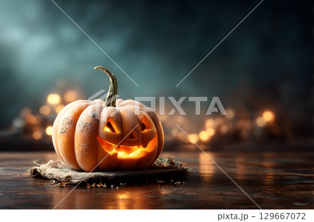 A glowing carved pumpkin for Halloween sits on a wooden surface, casting a warm light in a dark scene with festive blurred lights. A glowing carved pumpkin for Halloween sits on a wooden surface, casting a warm light in a dark scene with festive blurred lights. 129667072