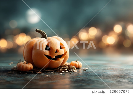 A carved Halloween pumpkin stands on a dark ground with smaller gourds, glowing warmly against a blurry night sky with festive lights. A carved Halloween pumpkin stands on a dark ground with smaller gourds, glowing warmly against a blurry night sky with festive lights. 129667073