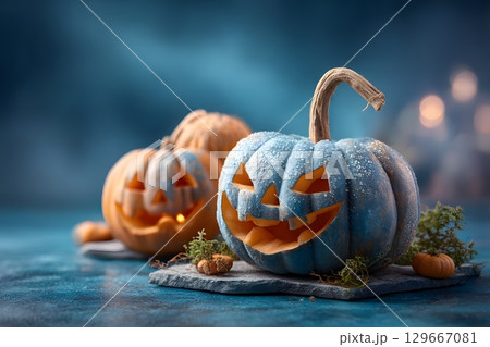 Carved Halloween pumpkins with glowing faces stand on dark stone platforms against a deep blue background. Carved Halloween pumpkins with glowing faces stand on dark stone platforms against a deep blue background. 129667081