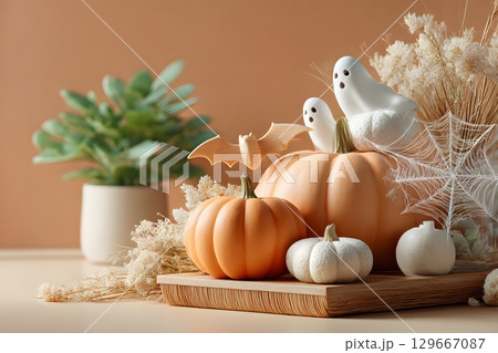 A charming Halloween display features various pumpkins, cute white ghosts, a decorative bat, and a delicate spider web, creating a cozy autumn scene. A charming Halloween display features various pumpkins, cute white ghosts, a decorative bat, and a delicate spider web, creating a cozy autumn scene. 129667087