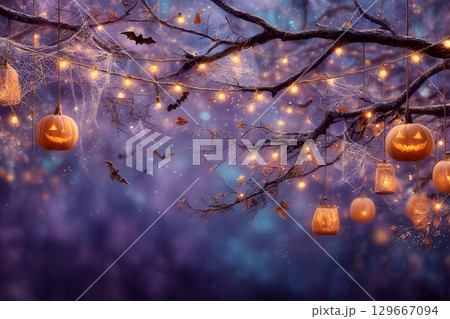 Spooky Halloween night scene with carved pumpkins hanging from dark tree branches. Glowing lights illuminate bats flying through spiderwebs, creating a mystical atmosphere. Spooky Halloween night scene with carved pumpkins hanging from dark tree branches. Glowing lights illuminate bats flying through spiderwebs, creating a mystical atmosphere. 129667094