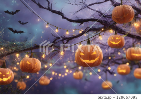 Glowing Halloween pumpkins with carved faces hang from spooky tree branches adorned with sparkling lights, as dark bats fly through the eerie night. Glowing Halloween pumpkins with carved faces hang from spooky tree branches adorned with sparkling lights, as dark bats fly through the eerie night. 129667095