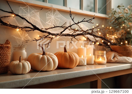 Warm Halloween ambiance fills a room with white and orange pumpkins, softly glowing candles, eerie spiderwebs, and twinkling branch lights on a shelf. Warm Halloween ambiance fills a room with white and orange pumpkins, softly glowing candles, eerie spiderwebs, and twinkling branch lights on a shelf. 129667100