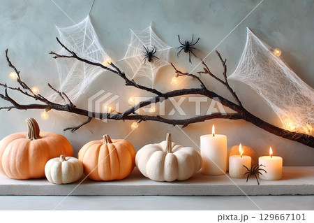 An autumnal Halloween arrangement features diverse pumpkins, lit candles, spooky spider webs, and bare branches decorated with glowing lights. An autumnal Halloween arrangement features diverse pumpkins, lit candles, spooky spider webs, and bare branches decorated with glowing lights. 129667101