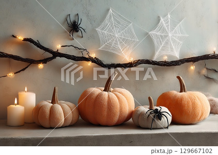 Halloween themed decorations feature varied pumpkins, warm lit candles, shimmering spider webs, and glowing string lights arranged for the festive season. Halloween themed decorations feature varied pumpkins, warm lit candles, shimmering spider webs, and glowing string lights arranged for the festive season. 129667102