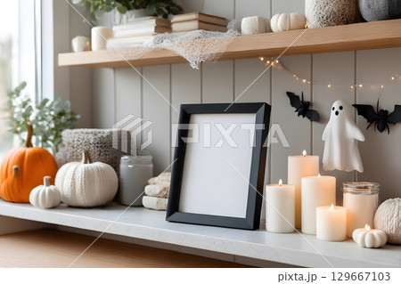 Cozy Halloween decorations showcase pumpkins, lit candles, a white ghost, and black bats on a home shelf. 129667103