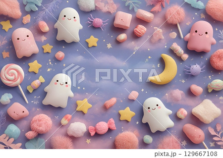 Soft pastel ghosts and various treats are scattered with bright stars and a crescent moon, evoking a cute Halloween spirit. Soft pastel ghosts and various treats are scattered with bright stars and a crescent moon, evoking a cute Halloween spirit. 129667108