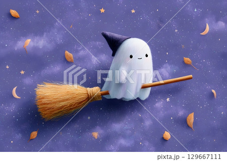 A cute ghost in a witch hat joyfully flies on a magical broomstick across a starry Halloween night sky. A cute ghost in a witch hat joyfully flies on a magical broomstick across a starry Halloween night sky. 129667111