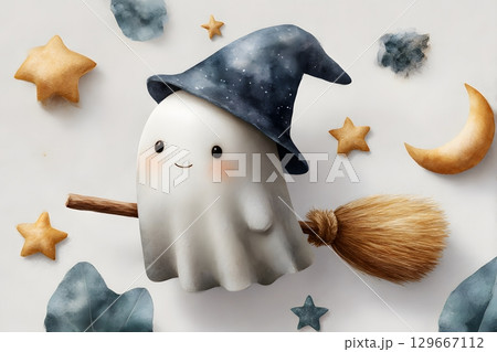 A cute ghost in a witch hat happily flies on a broomstick among sparkling stars and a bright moon, celebrating Halloween magic. 129667112