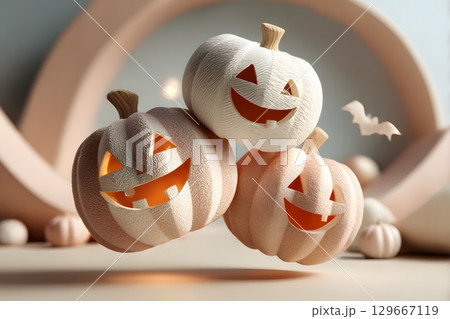 Three elegant Halloween pumpkins with beautifully carved smiling faces illuminate the scene, stacked and floating gently for seasonal charm. 129667119