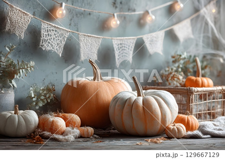 Various Halloween pumpkins decorate a cozy rustic setting, surrounded by soft string lights and delicate spiderwebs, perfect for an autumn celebration. 129667129